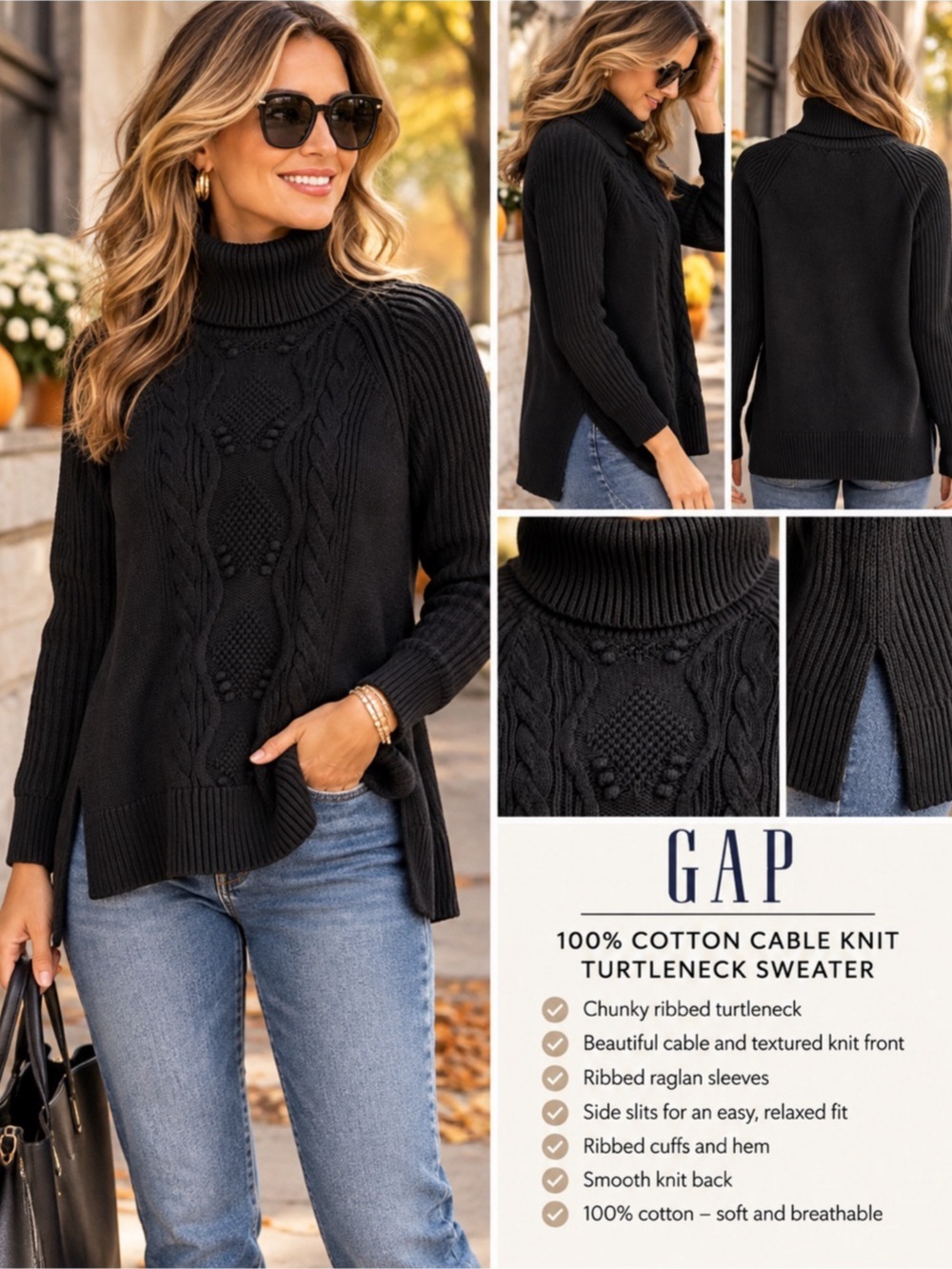 Gap 100% Cotton Cable Knit Turtleneck Sweater Side Slits - Black Medium